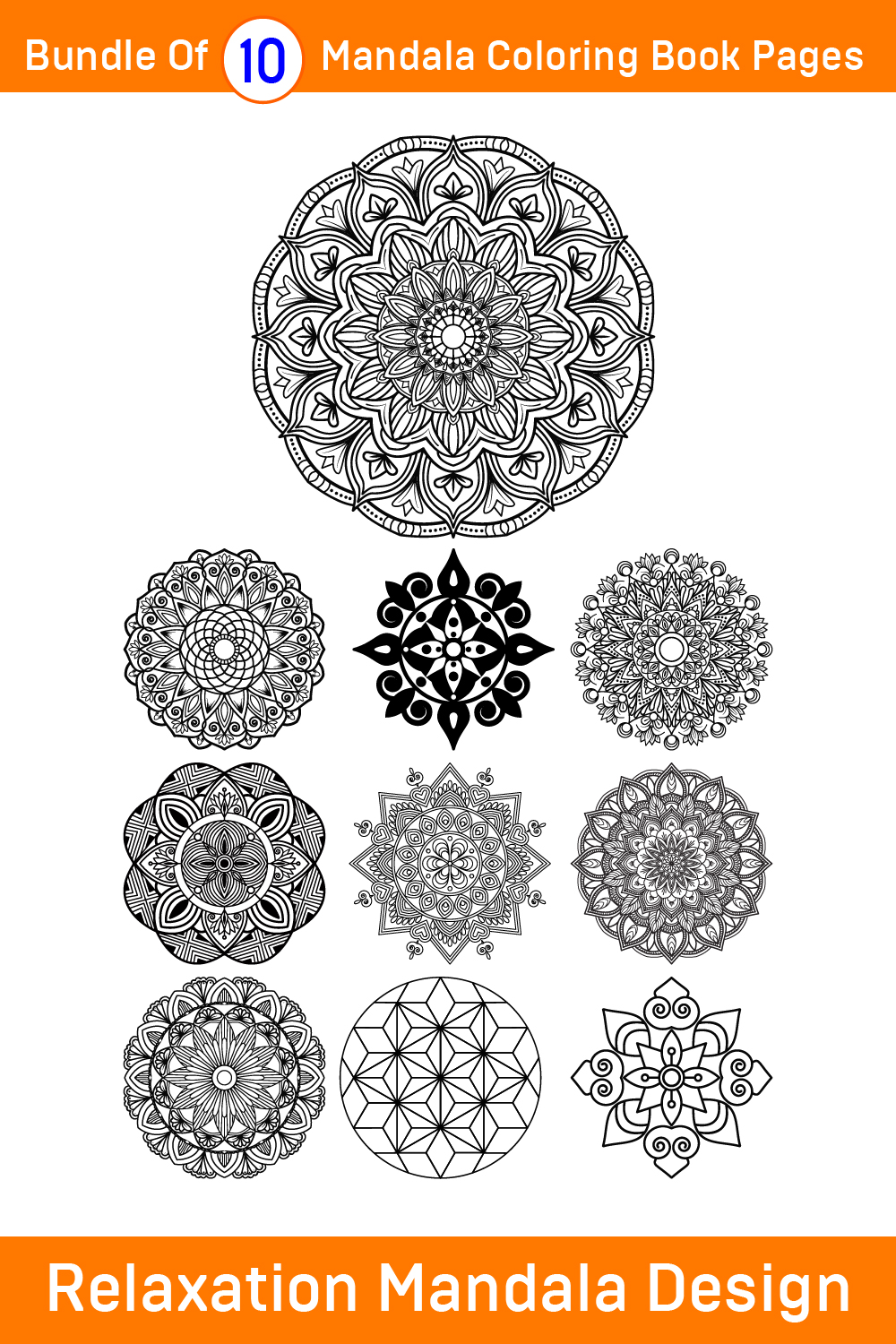 Bundle of 10 Relaxation Mandalas Coloring Book Pages pinterest preview image.