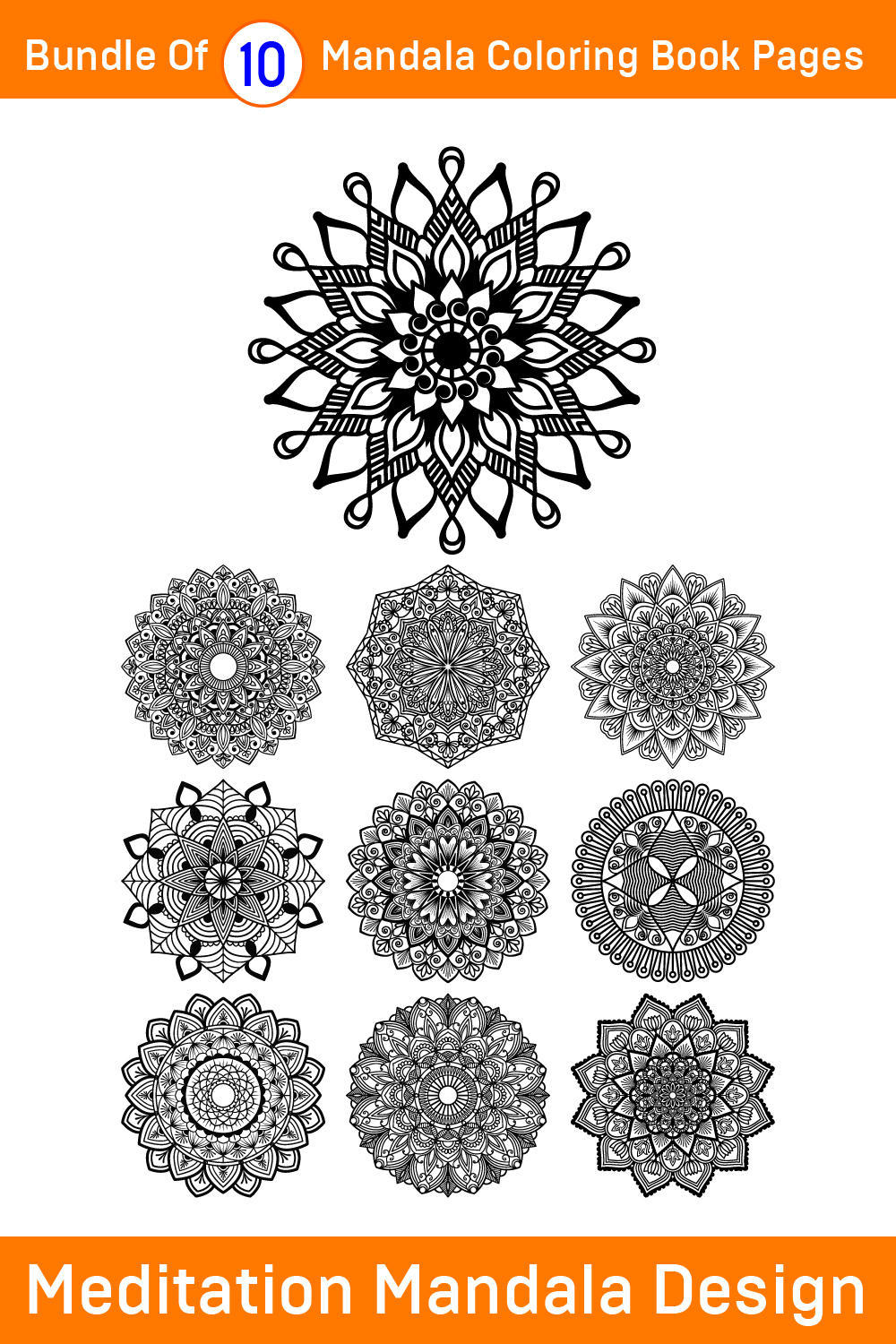 Bundle of 10 Meditation Mandala for Paper Cutting or Coloring Book Pages pinterest preview image.