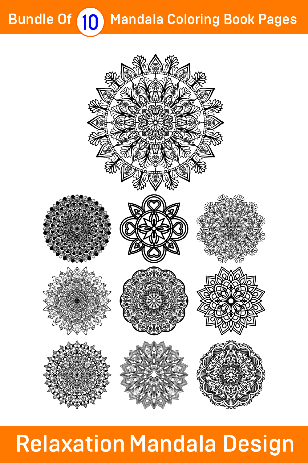 Bundle of 10 Relaxation Mandalas for Paper Cutting or Coloring Book pinterest preview image.