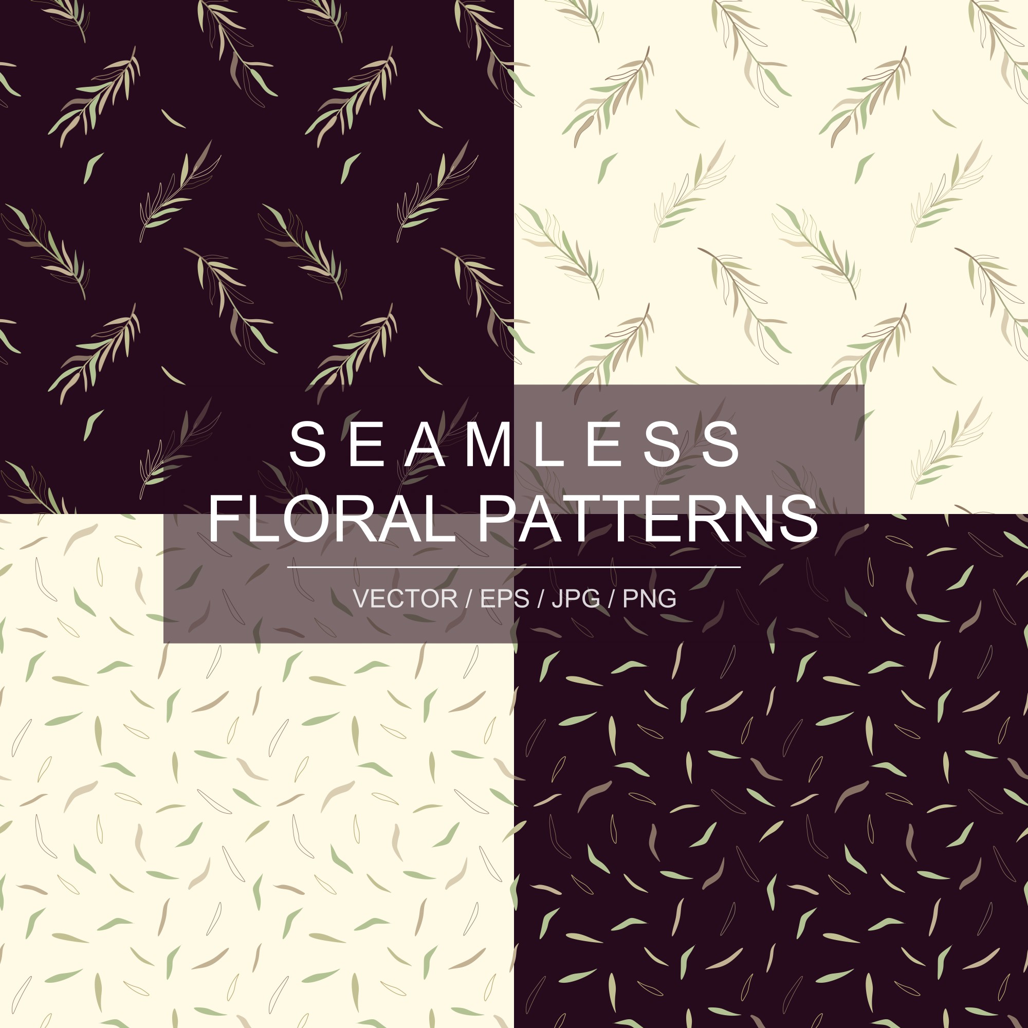 Set of modern seamless plant patterns for printing Background plants, leaves, wallpaper, design paper, textiles, fabric Vector illustration preview image.
