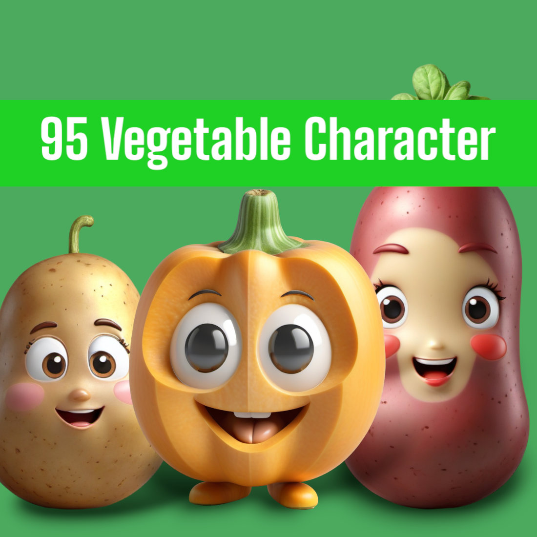 95 Vegetable Character 3d illustration preview image.