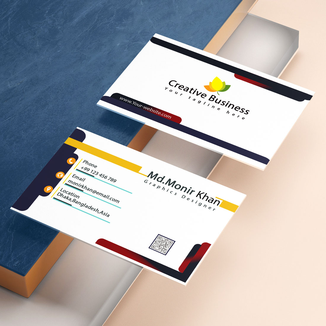 Black white and color double sided Business card design preview image.