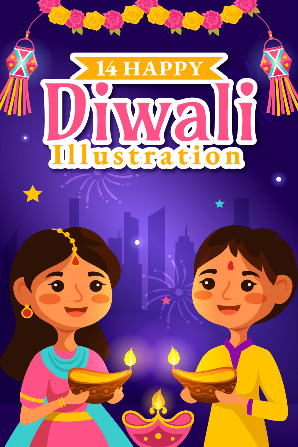 14 Happy Diwali Hindu Illustration pinterest preview image.
