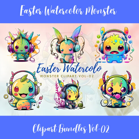 Easter Watercolor Monster Clipart Bundles Vol-02 cover image.
