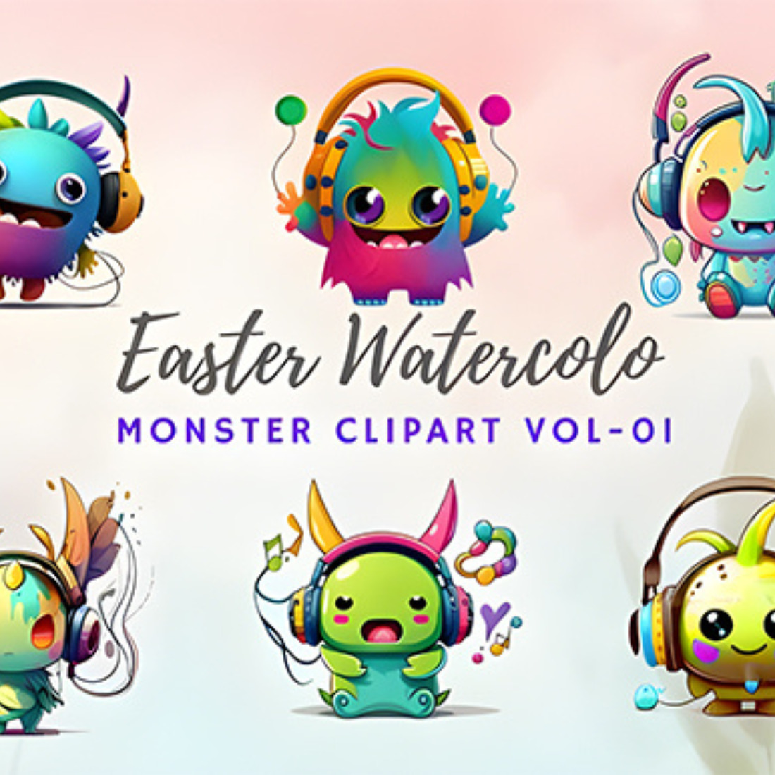 Easter Watercolor Monster Clipart Vol-01 cover image.
