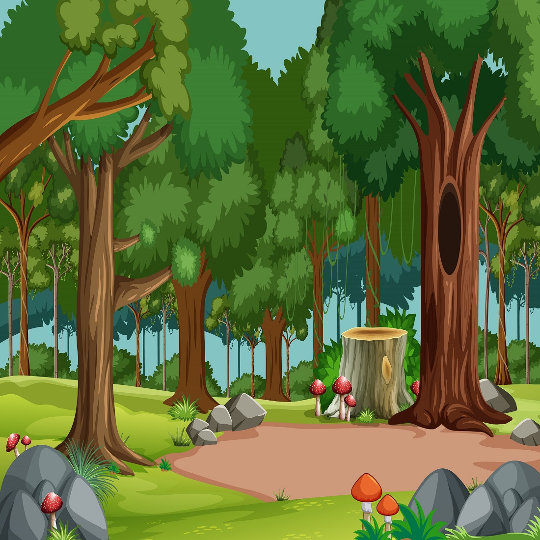 Forest scene with various forest trees preview image.