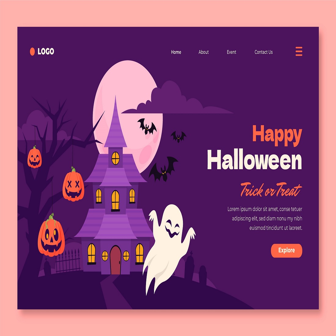 Happy Halloween celebration landing page template preview image.