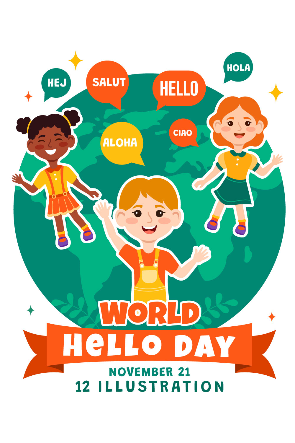 12 World Hello Day Illustration pinterest preview image.