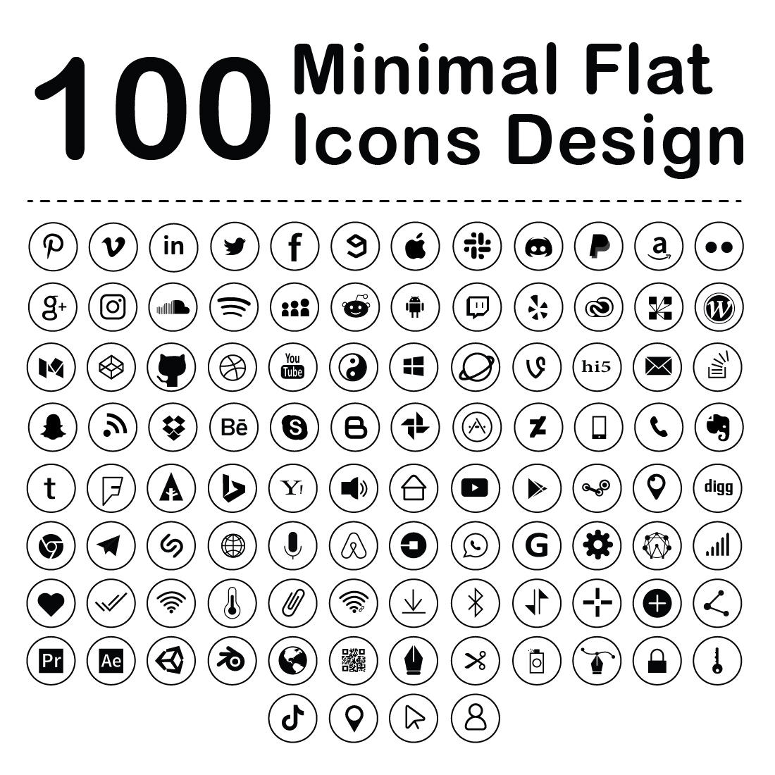 100 Minimal Flat Icons Design Pack preview image.