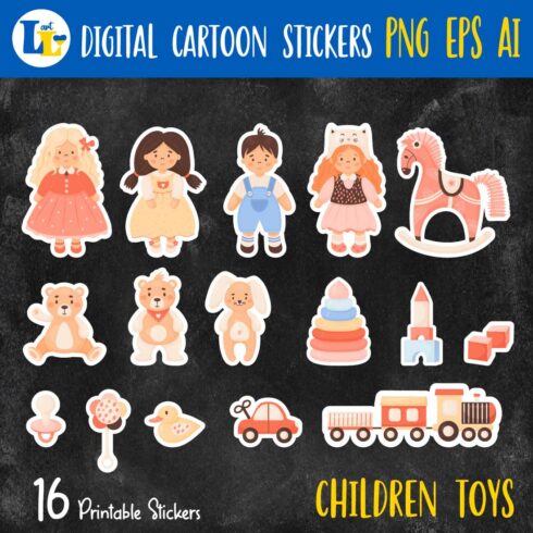 Printable stickers Cute children toys, doll, plush toys cover image.