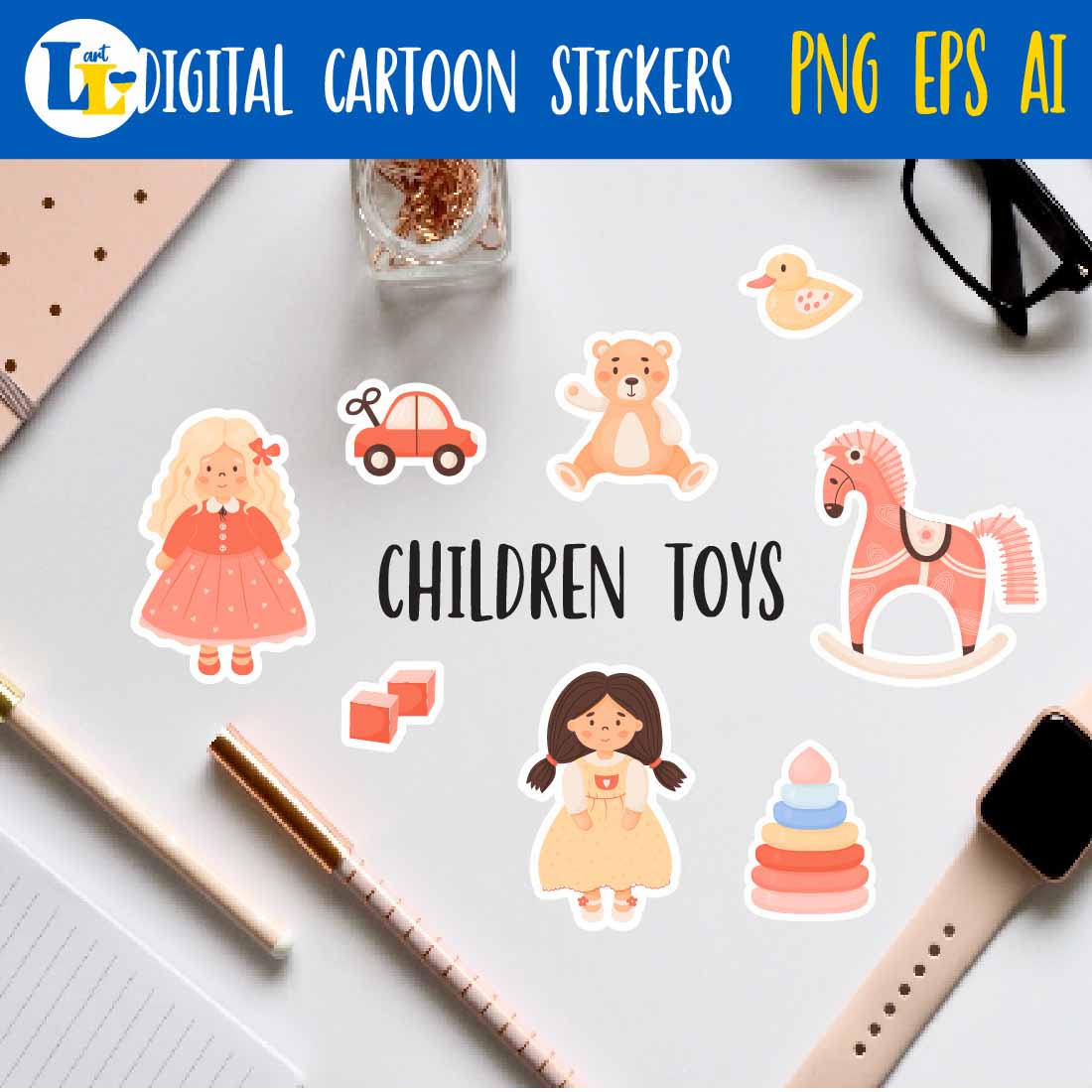 Printable stickers Cute children toys, doll, plush toys preview image.