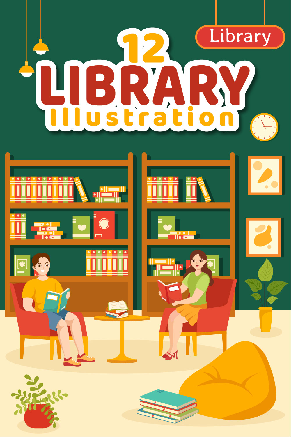 12 Library Vector Illustration pinterest preview image.