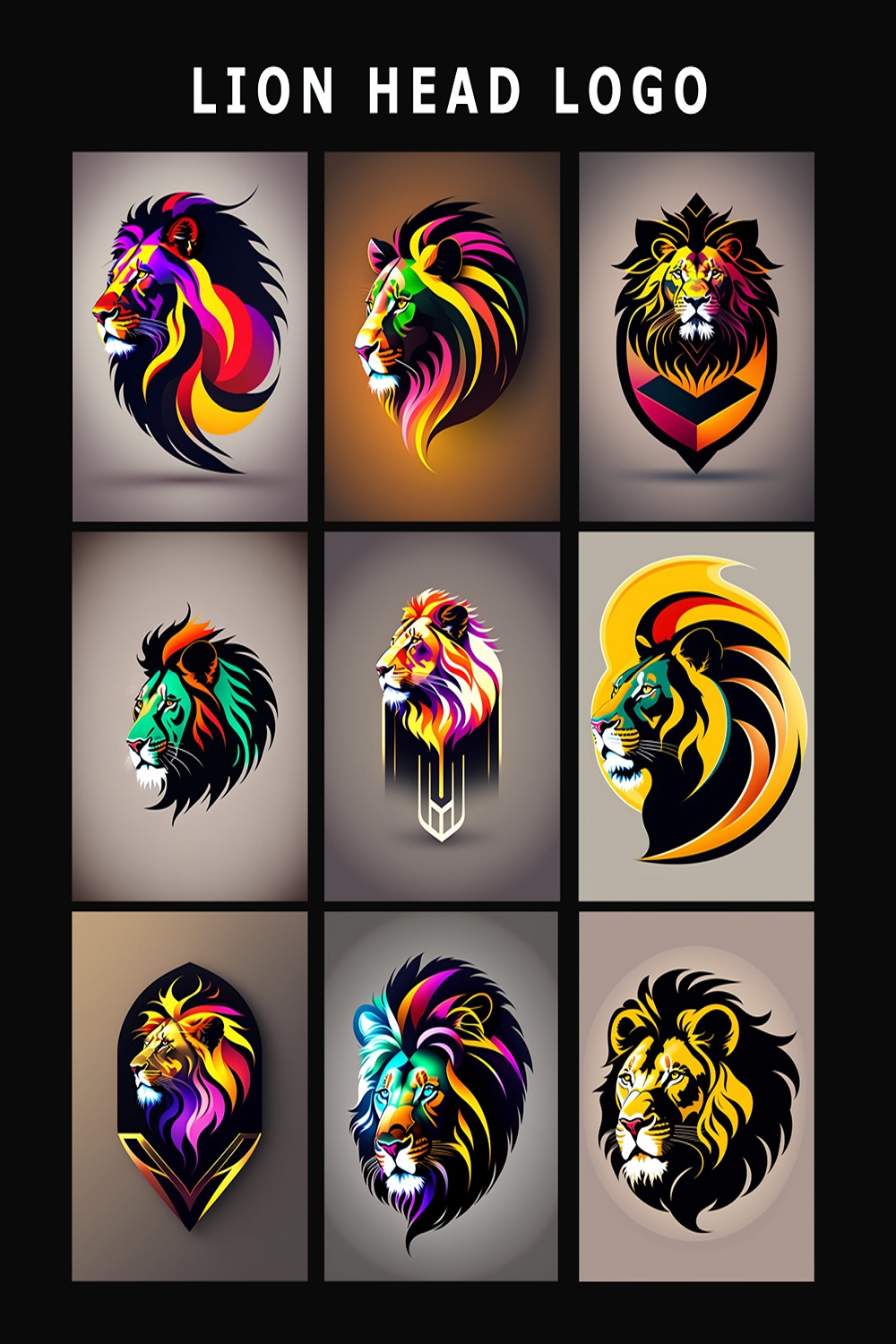 Lion - Head Logo Design Template, lion head color logo, lion head vector logo, lion head icon logo, lion logo pinterest preview image.