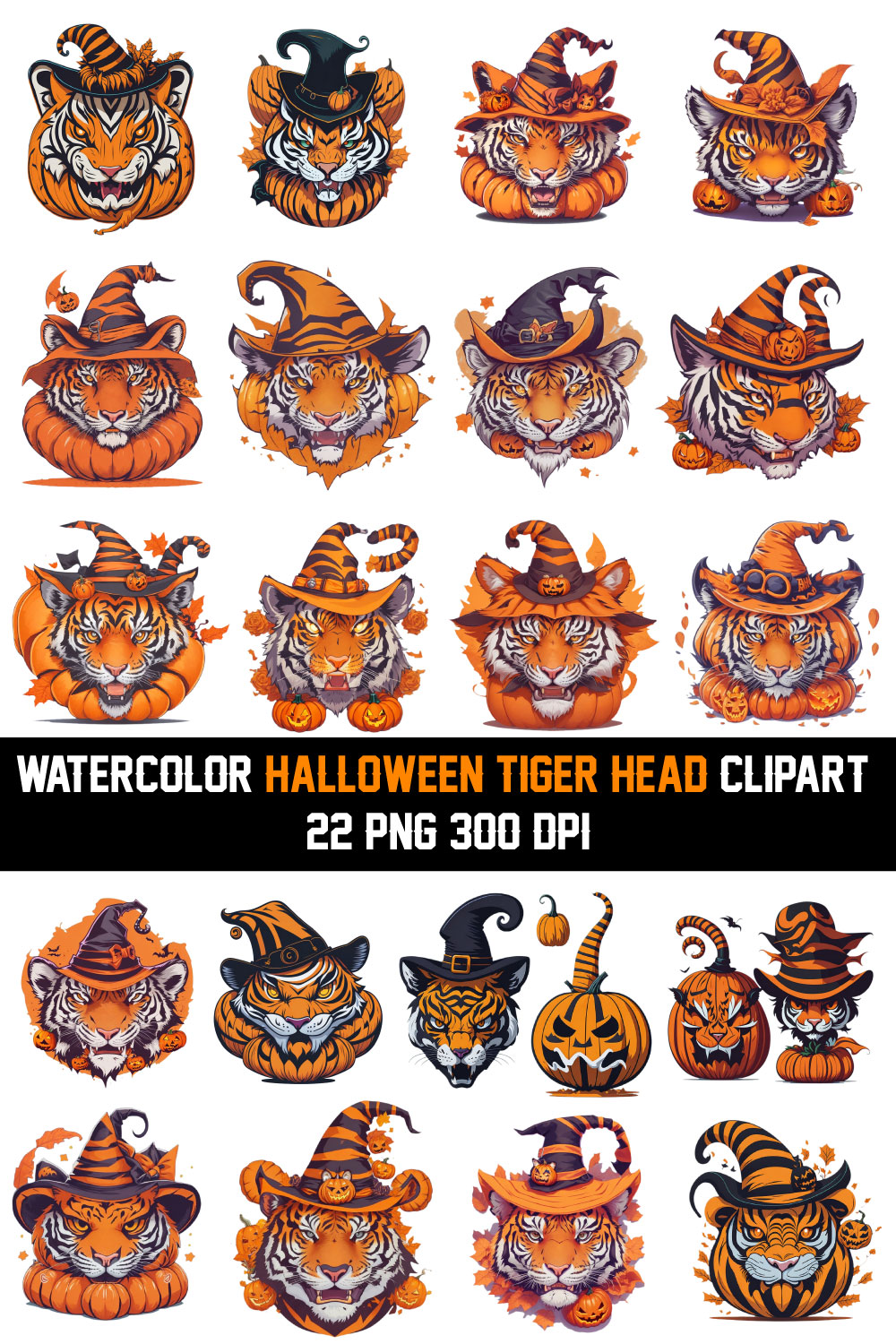 WATERCOLOR HALLOWEEN TIGER HEAD CLIPART 22 PNG pinterest preview image.