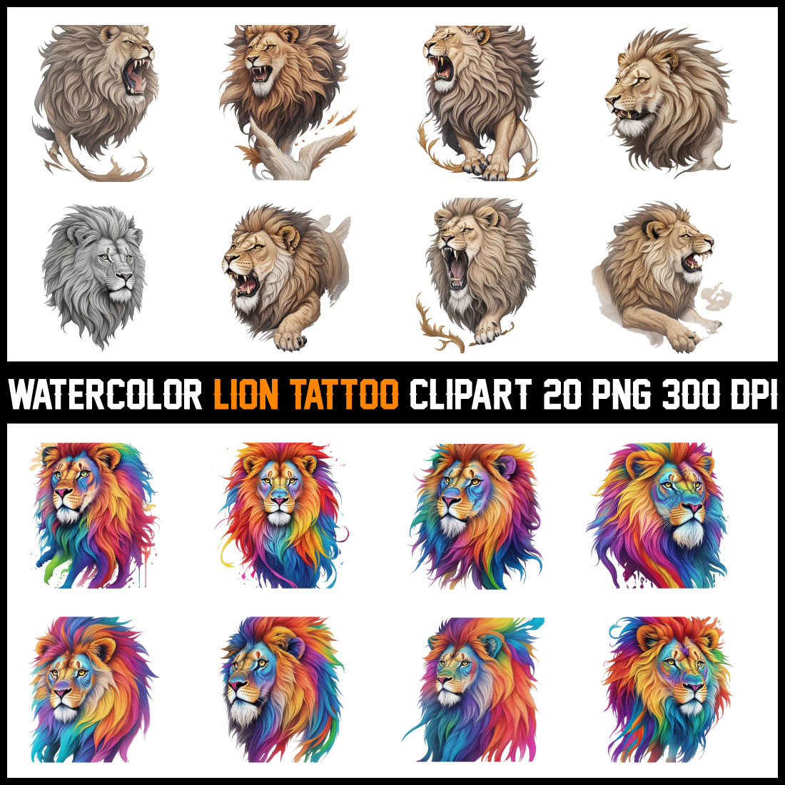 Watercolor Lion Tatoo Clipar T-Shirt Design Bundle preview image.