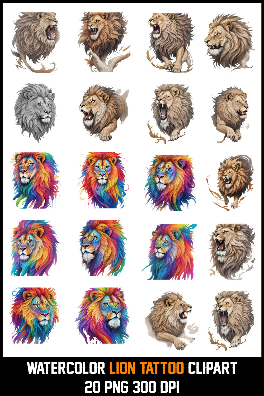 Watercolor Lion Tatoo Clipar T-Shirt Design Bundle pinterest preview image.