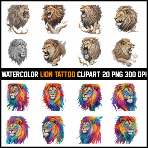 Watercolor Lion Tatoo Clipar T-Shirt Design Bundle cover image.