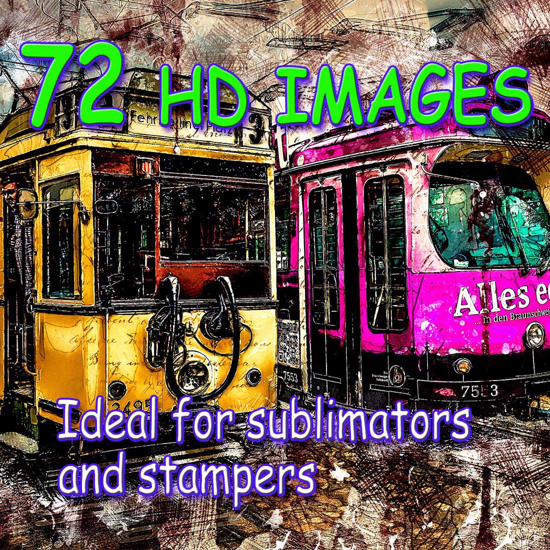 Bundle of 72 OLD TROLLEY CAR HQ Graphics Ready to Print with Grunge Style cover image.