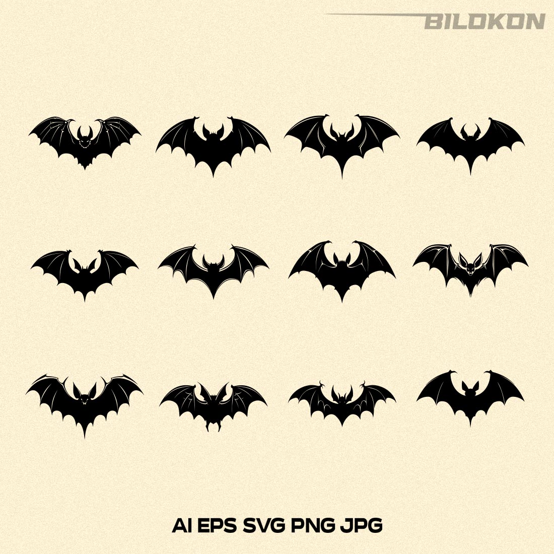 Black Bat Silhouettes set, Halloween bat, Vector, SVG cover image.
