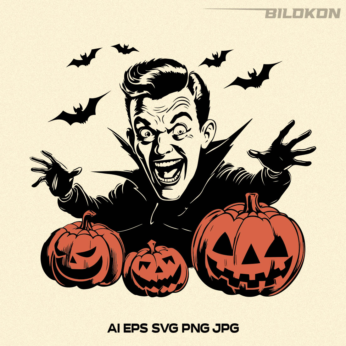 Halloween man hold pumpkin in costume Dracula, Vector, SVG preview image.