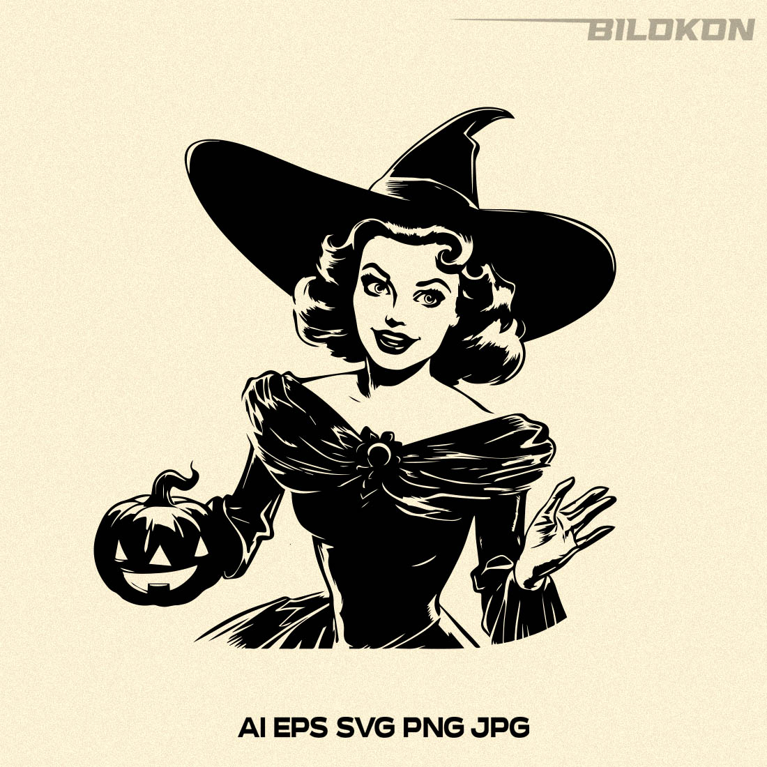 Halloween woman in a witch hat hold pumpkin, SVG preview image.