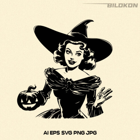 Halloween woman in a witch hat hold pumpkin, SVG cover image.