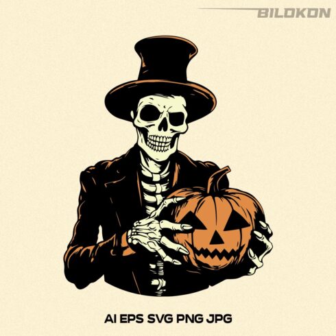 Skeleton hold pumpkin, Halloween Skeleton, Halloween SVG cover image.