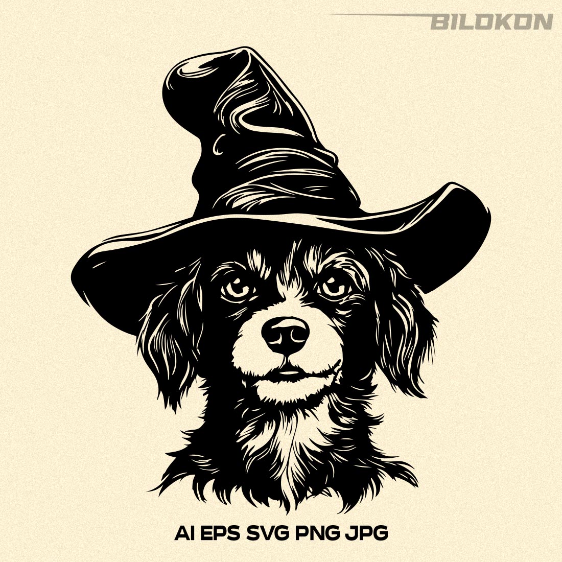 Halloween Dog in a witch hat, Funny Dog head Vector, SVG preview image.