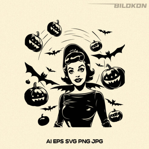 Halloween woman pumpkin and flying bats them, Vector, SVG cover image.