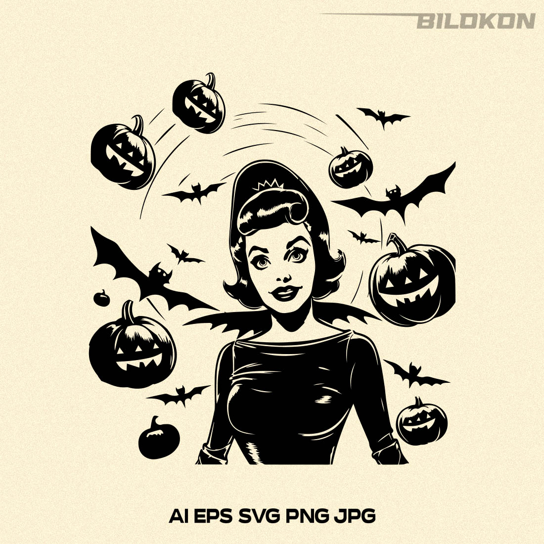 Halloween woman pumpkin and flying bats them, Vector, SVG preview image.