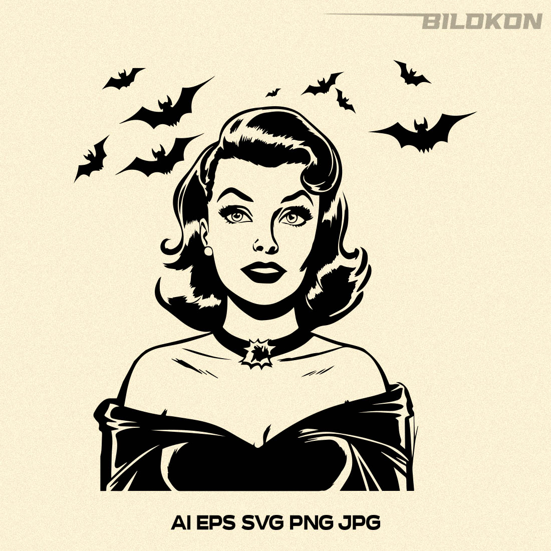 Halloween illustration woman and flying bats them, SVG preview image.
