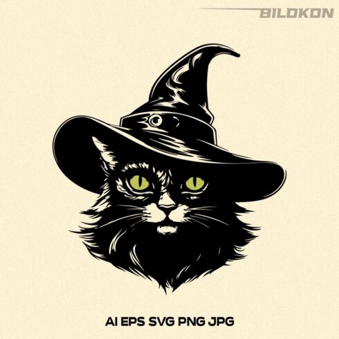Halloween Cat in witch hat, Cat head in hat, Vector, SVG cover image.