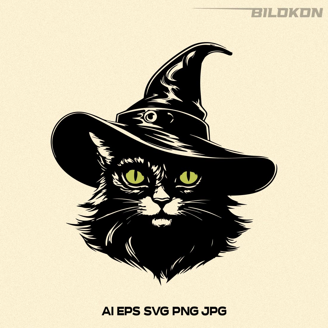 Halloween Cat in witch hat, Cat head in hat, Vector, SVG preview image.
