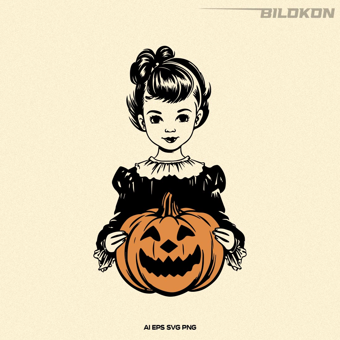 Little girl hold pumpkin, Halloween Pumpkin, Halloween SVG preview image.