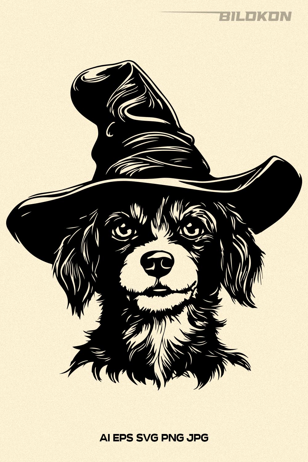 Halloween Dog in a witch hat, Funny Dog head Vector, SVG pinterest preview image.