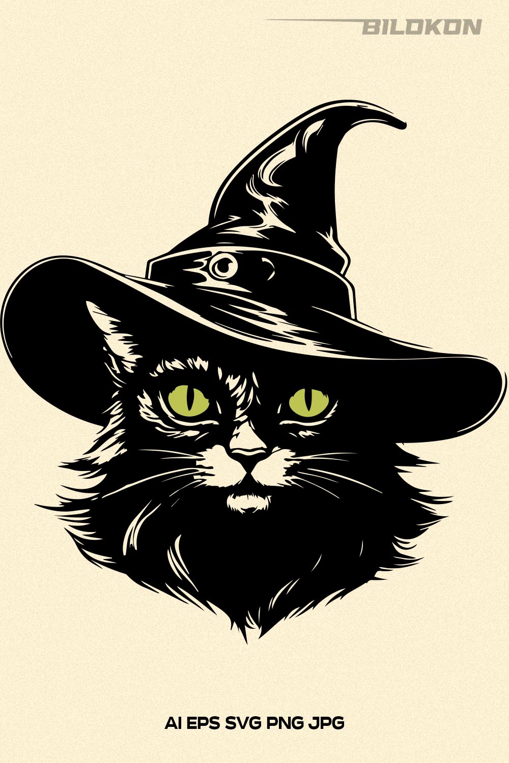 Halloween Cat in witch hat, Cat head in hat, Vector, SVG pinterest preview image.