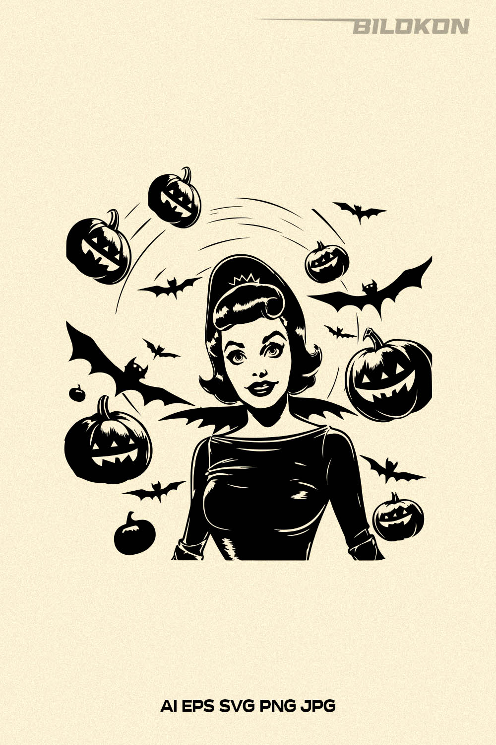 Halloween woman pumpkin and flying bats them, Vector, SVG pinterest preview image.