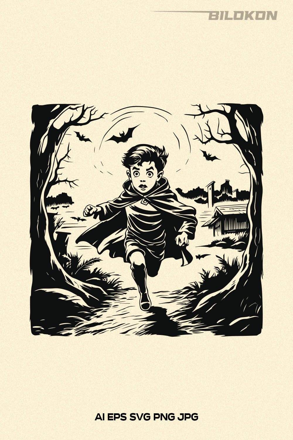 Frightened boy, Halloween illustration, Vector, SVG pinterest preview image.
