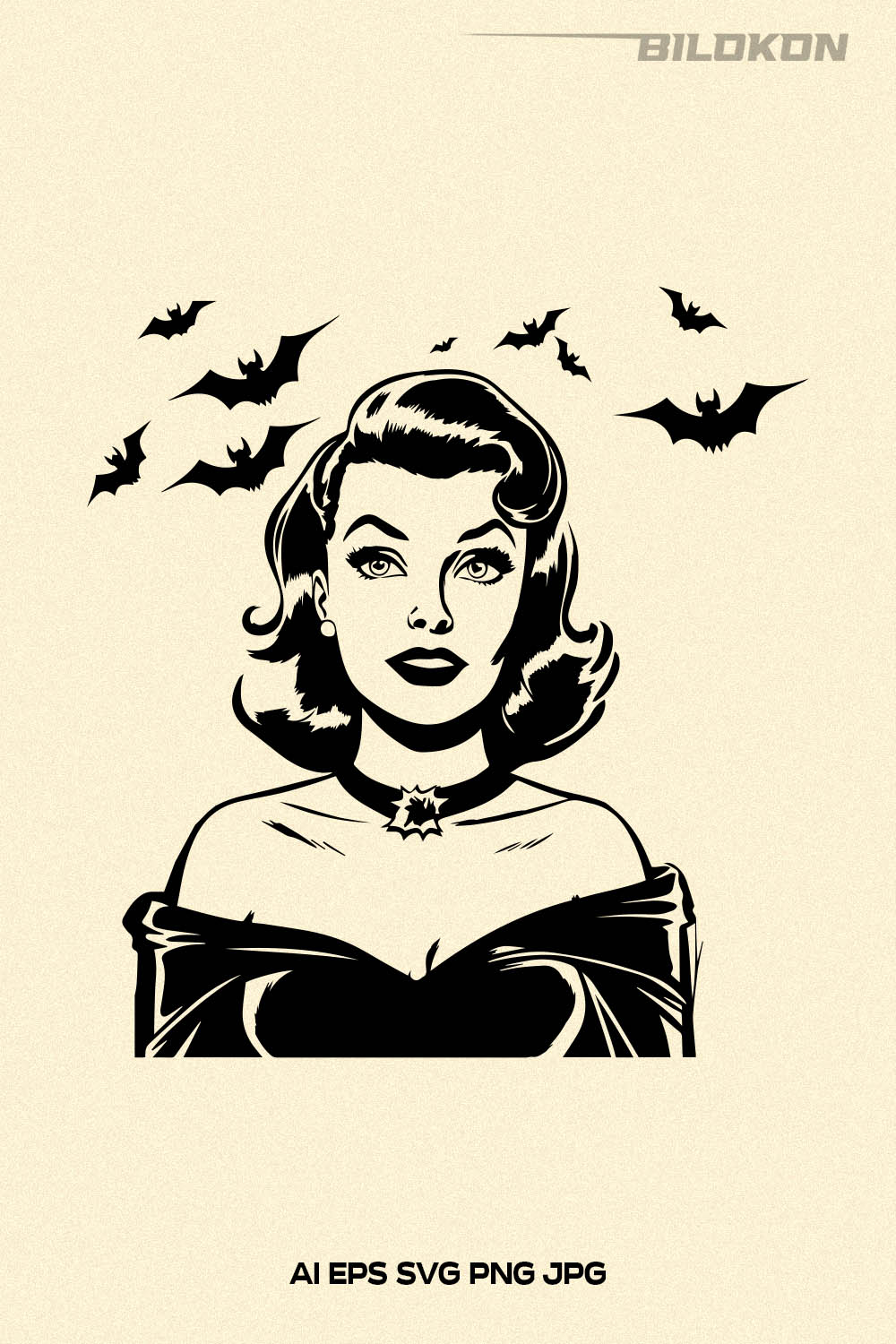 Halloween illustration woman and flying bats them, SVG pinterest preview image.