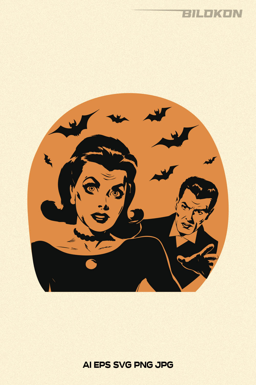 Halloween illustration of a man with a woman, Vector, SVG pinterest preview image.