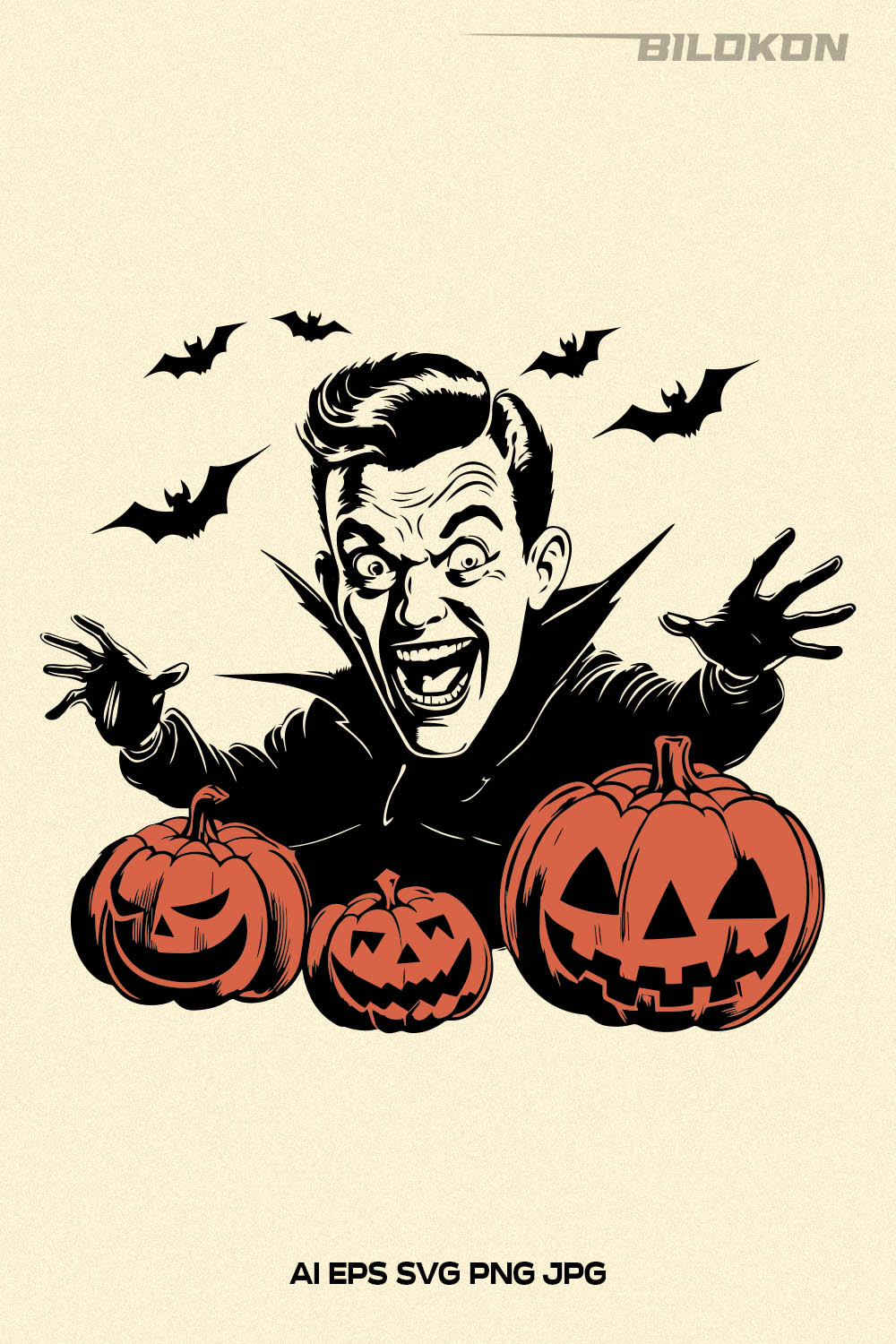 Halloween man hold pumpkin in costume Dracula, Vector, SVG pinterest preview image.