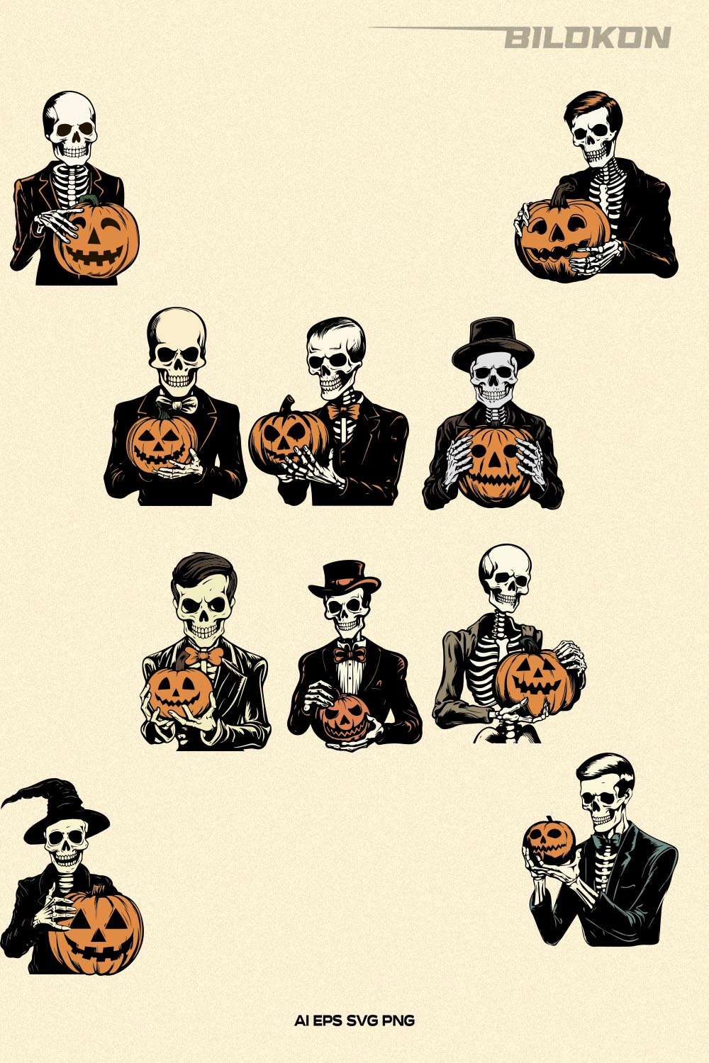 Skeleton holding pumpkin, Halloween Skeleton, Halloween SVG pinterest preview image.