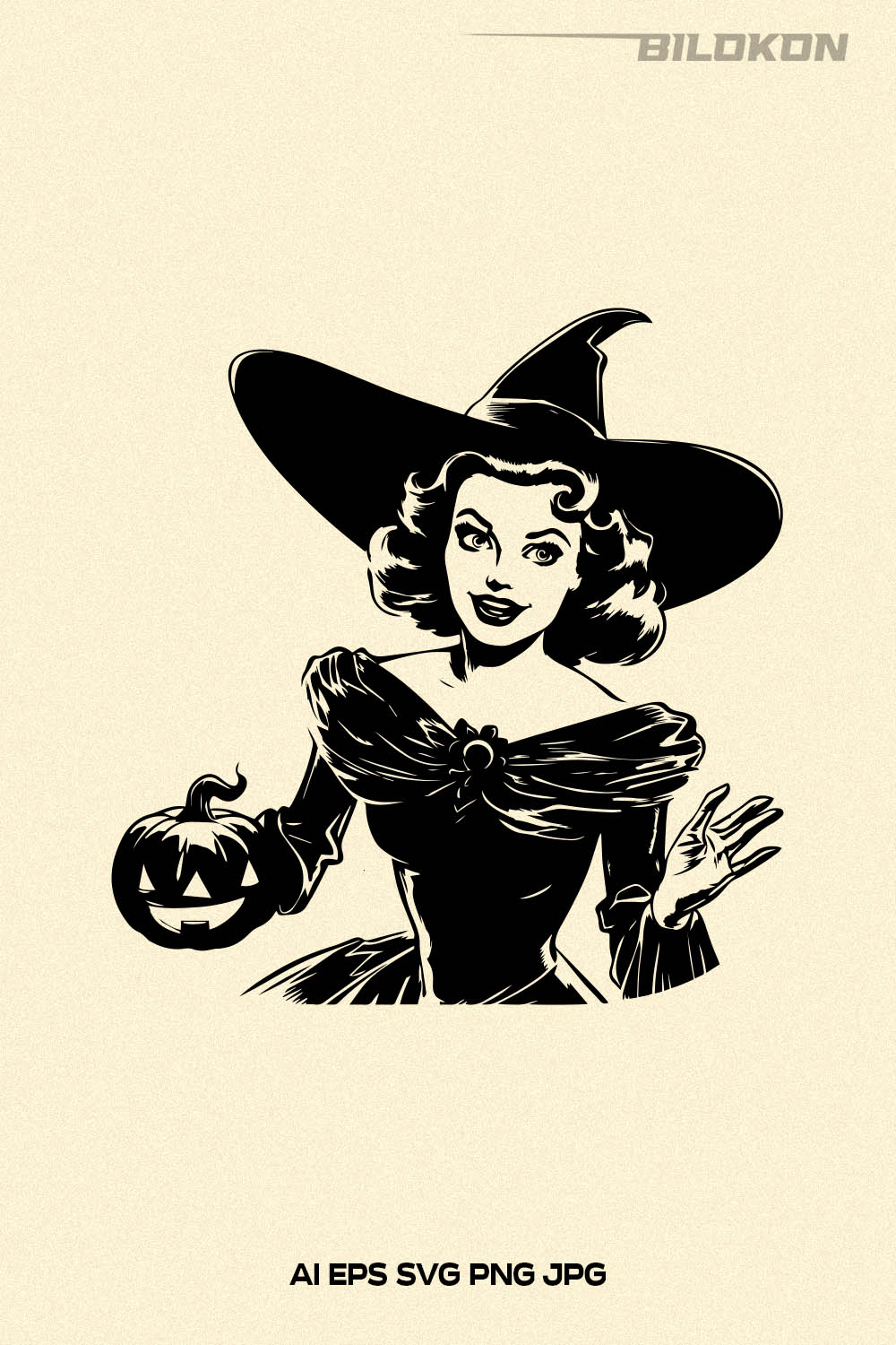 Halloween woman in a witch hat hold pumpkin, SVG pinterest preview image.