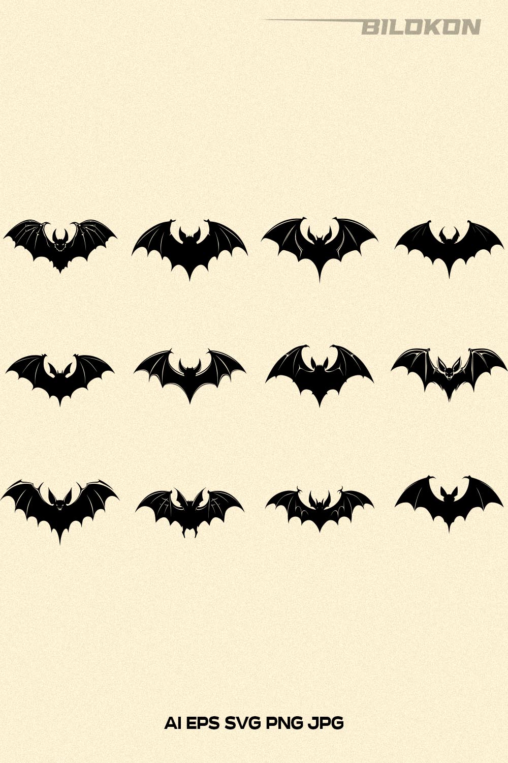 Black Bat Silhouettes set, Halloween bat, Vector, SVG pinterest preview image.