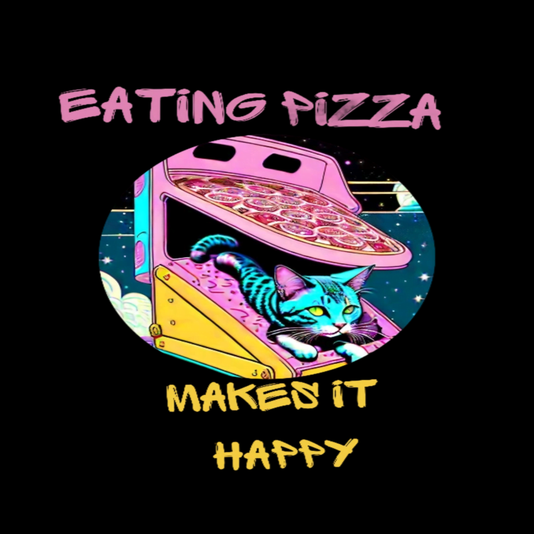 Eating pizza makes it happy - T-shirt design preview image.