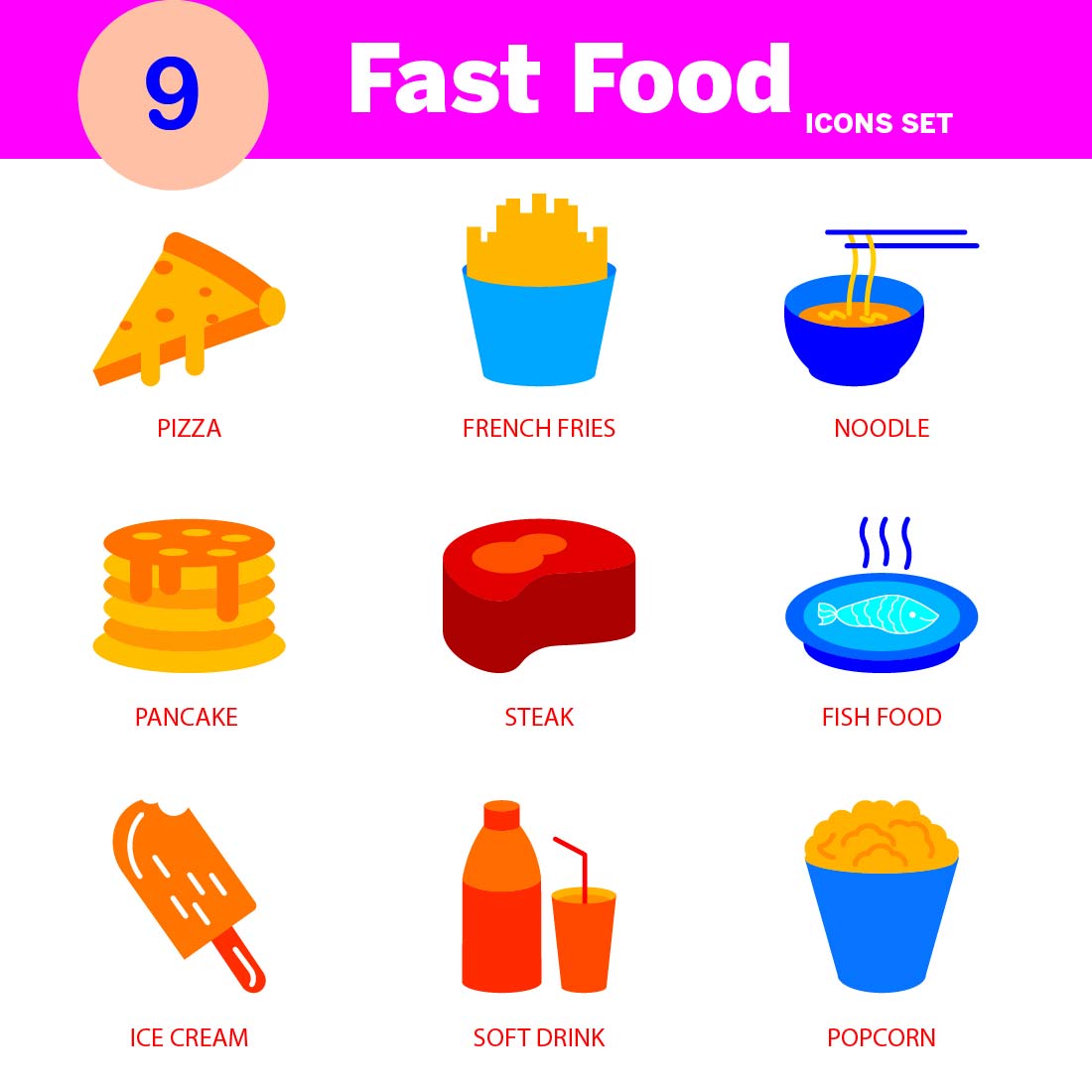 Modern Fast Food icon set editable and resizable cover image.