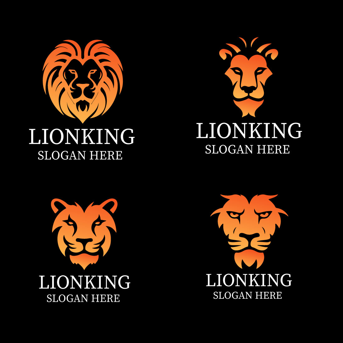 Four modern lion logo design bundle preview image.
