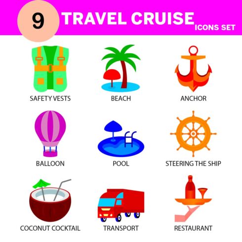 Modern travel cruise icon set editable and resizable cover image.