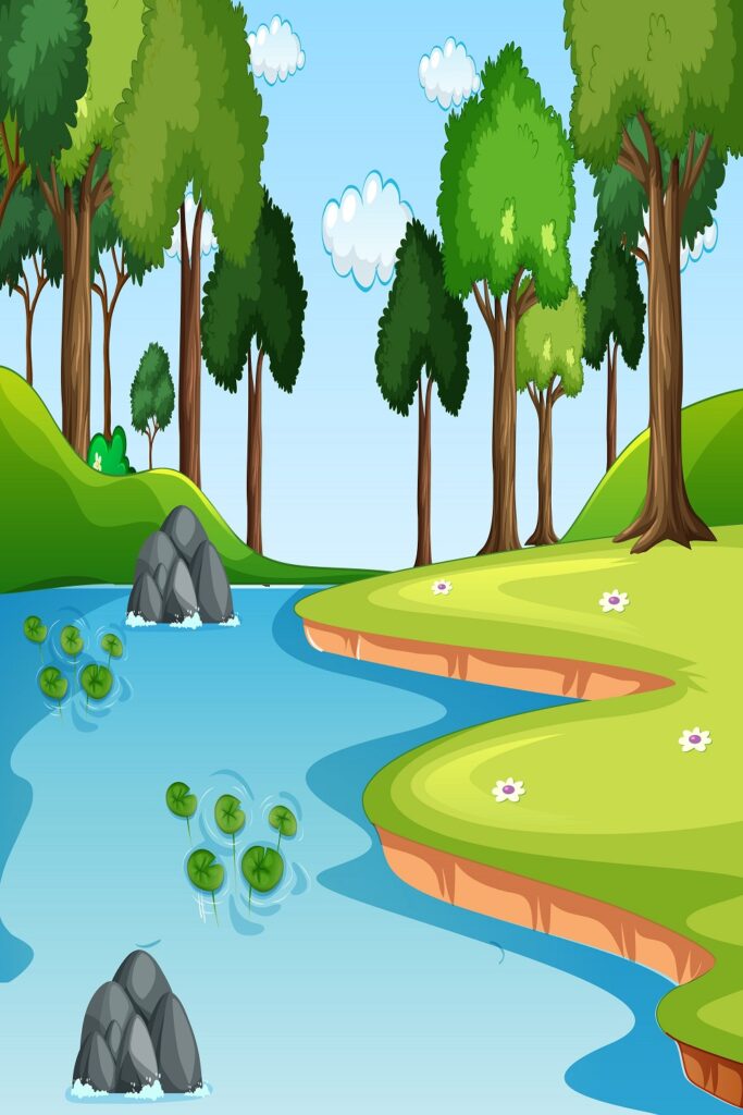 Nature forest landscape daytime scene with river flowing through forest ...