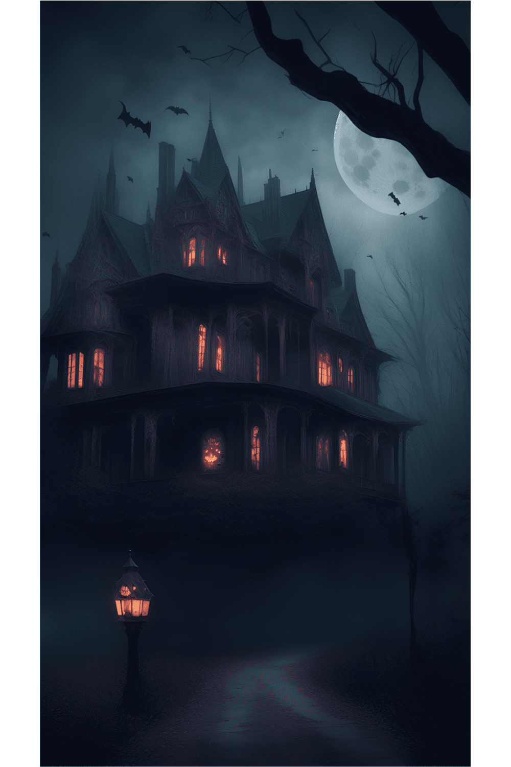 Enigmatic Halloween Night Haunted House with Eerie Atmosphere, Halloween Background pinterest preview image.